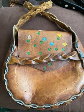 Vintage Brown Leather Shoulder Bag with Colorful Floral Accents